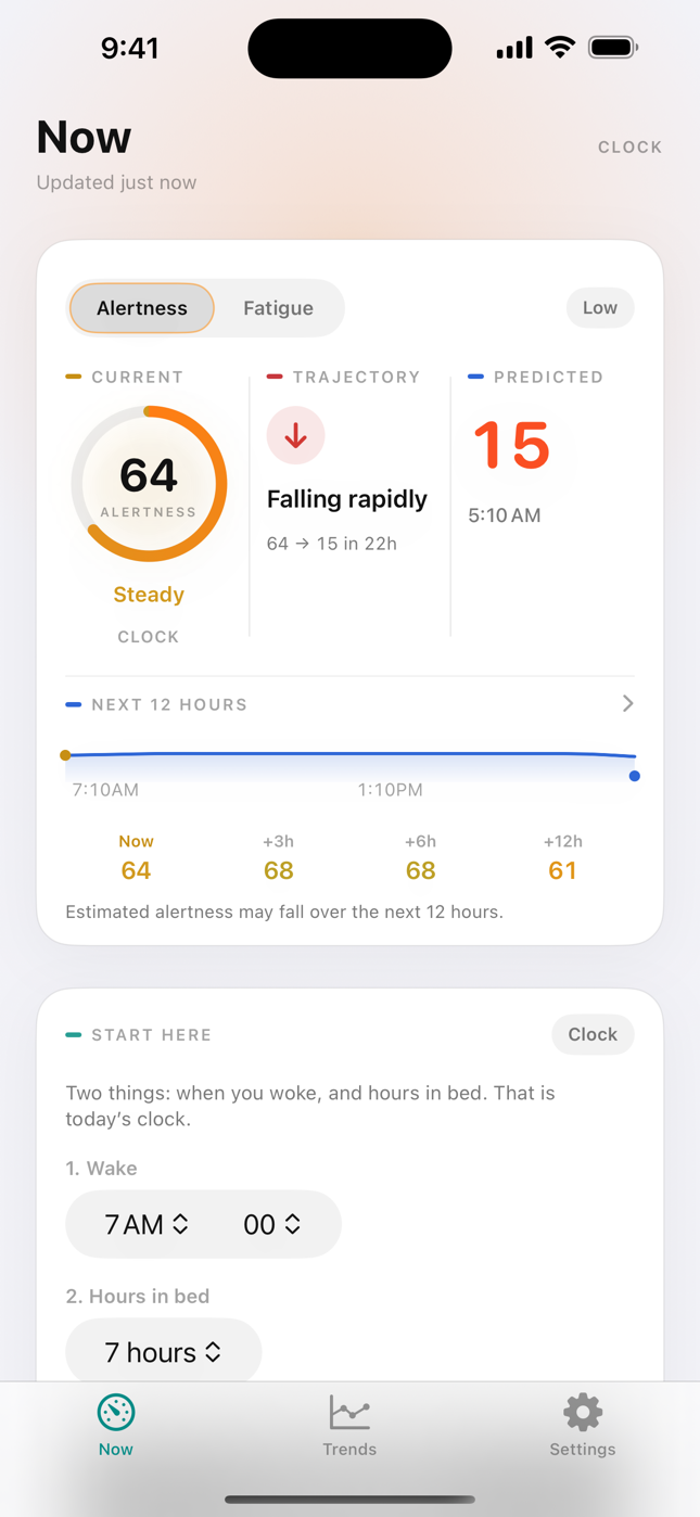 Fatigo Now on iPhone — current alertness 64, trajectory, and next 12 hours